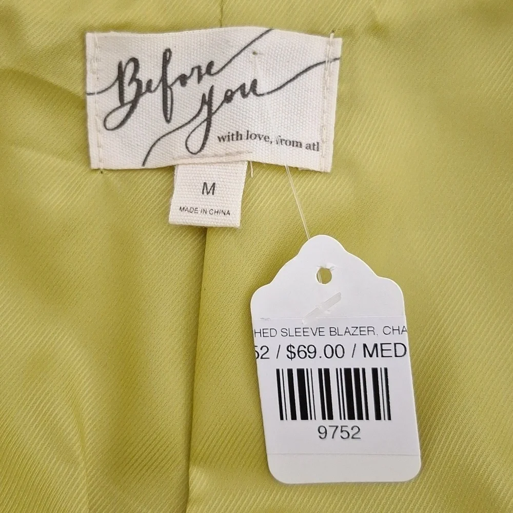 Before You NEW Lime Green 3/4 Sleeve Careerwear Preppy Open Front Blazer Size M